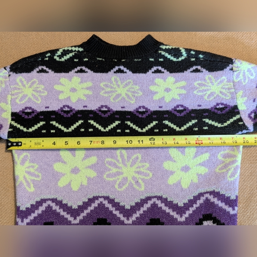 Justice Girls Kids Purple Green Black Retro Floral Fair Isle Patterned Sweater - Picture 9 of 10